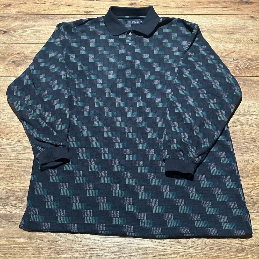 Vintage Chereskin Black Teal Geometric Polo Shirt Men Large